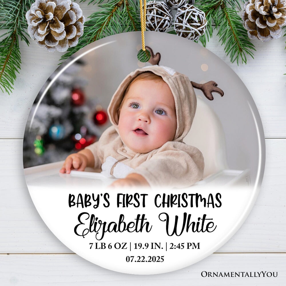 Custom Photo Baby’s First Christmas Tree Ornament, Newborn Size and Weight