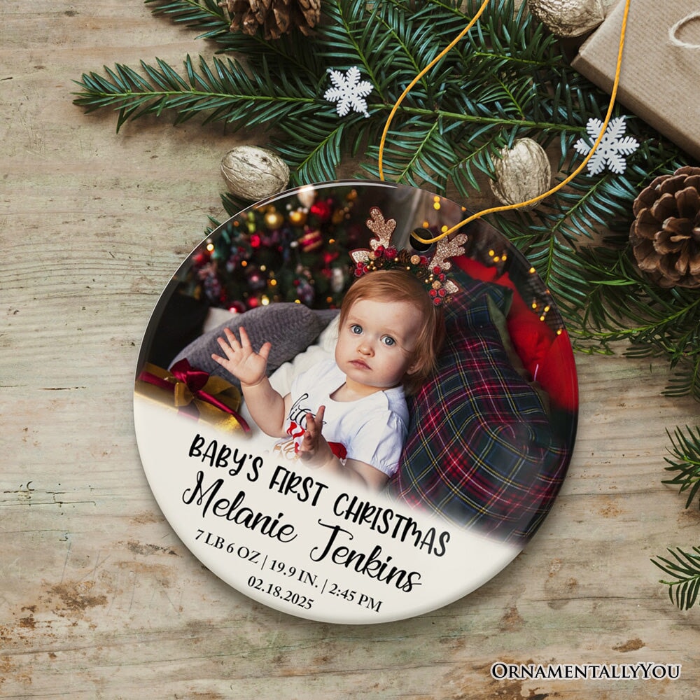 Custom Photo Baby’s First Christmas Tree Ornament, Newborn Size and Weight
