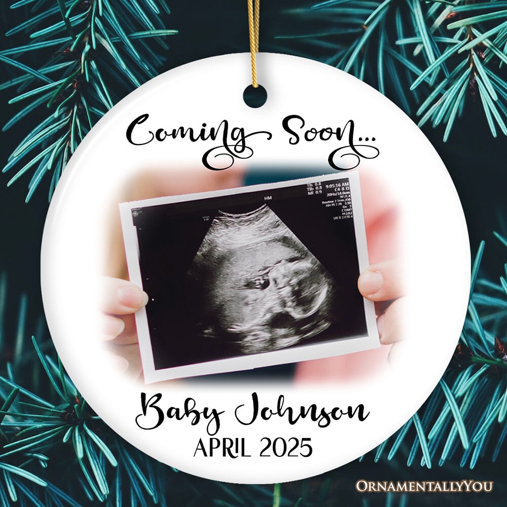 Baby Coming Soon Pregnant Mother Custom Photo Ornament, Personalized Pregnancy Announcement Sonogram Gift Ceramic Ornament OrnamentallyYou Circle 