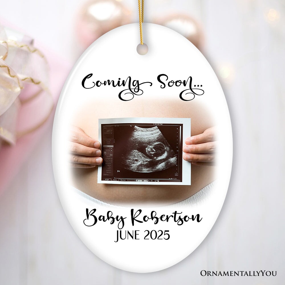 Baby Coming Soon Pregnant Mother Custom Photo Ornament, Personalized Pregnancy Announcement Sonogram Gift Ceramic Ornament OrnamentallyYou Oval 