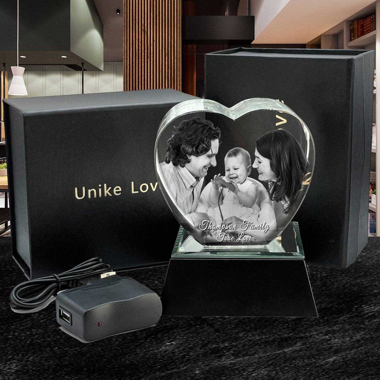 Family Gift | 3D Photo Crystal Heart | Personalized Laser Engraving.