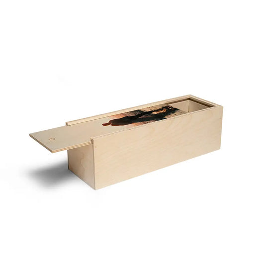 Personalized Single Bottle Wood Box featuring a man’s picture on the lid